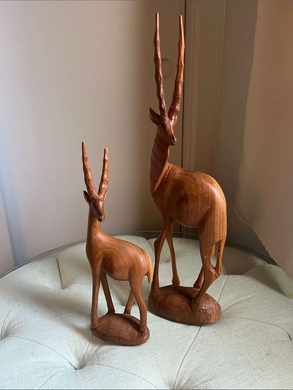 Vintage Hand-Carved Wooden Gazelle Sculptures - Set of 2 - Warm Brown